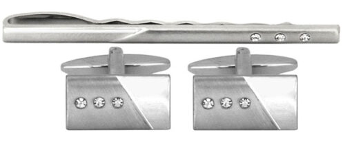 Brushed & Shiny Rhodium with 3 Crystals Cufflink and Tie Slide Set