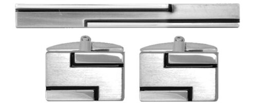 Brushed & shiny Rhodium with black line Cufflink and Tie Slide Set