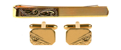Third Engraved Design Cufflinks and Tie Slide Set in Gold Plate
