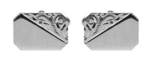 Rectangular cut corners Engraved Leaf Design Rhodium Plate Cufflinks