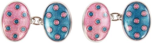 David Aster Double Oval Chain Link Blue & Pink Spot Enamel Cufflinks