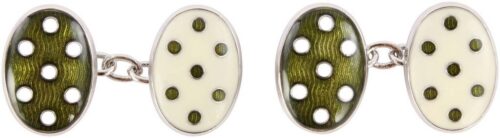 David Aster Double Oval Chain Link Sage & Cream Spot Enamel Cufflinks