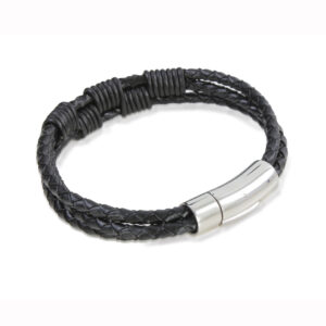 Black Leather Bracelet Stainless Steel
