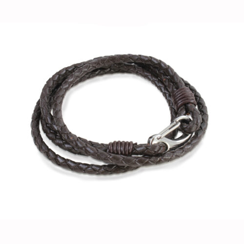 Brown Leather Bracelet Stainless Steel Chain Clasp 21cm