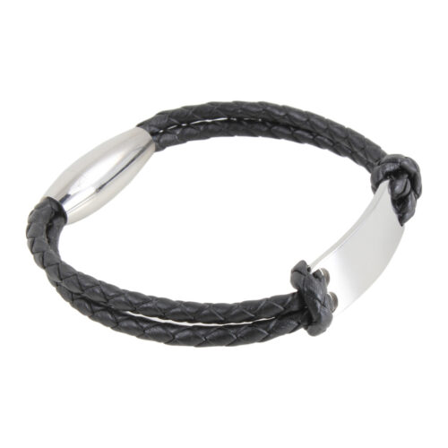 Black Leather Bracelet with Stainless Steel Engraving Plate