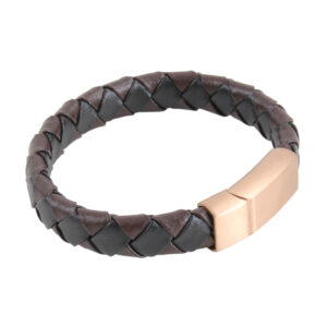 Black & Brown Braided Leather Bracelet with Rose Gold Clasp