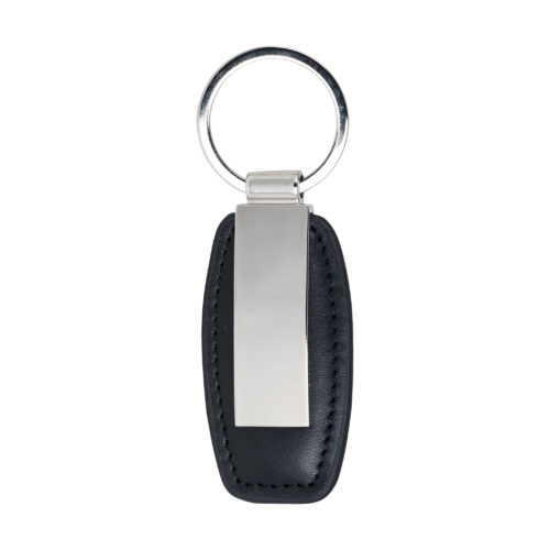 Leather Key Ring with Stainless Steel Plate Small Black