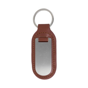 Leather Key Ring with Stainless Steel Plate Small Brown