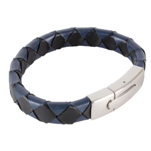 Black & Blue Braided Leather Bracelet with Steel Clasp