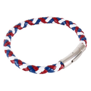Red White & Blue Braided Leather Bracelet with Steel Clasp