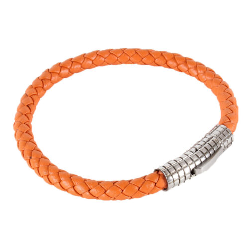 Orange Leather Bracelet with Ribbed Steel Clasp