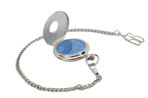 blue pocket watch and chain