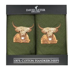 Highland Cow Embroidered Green Handkerchiefs